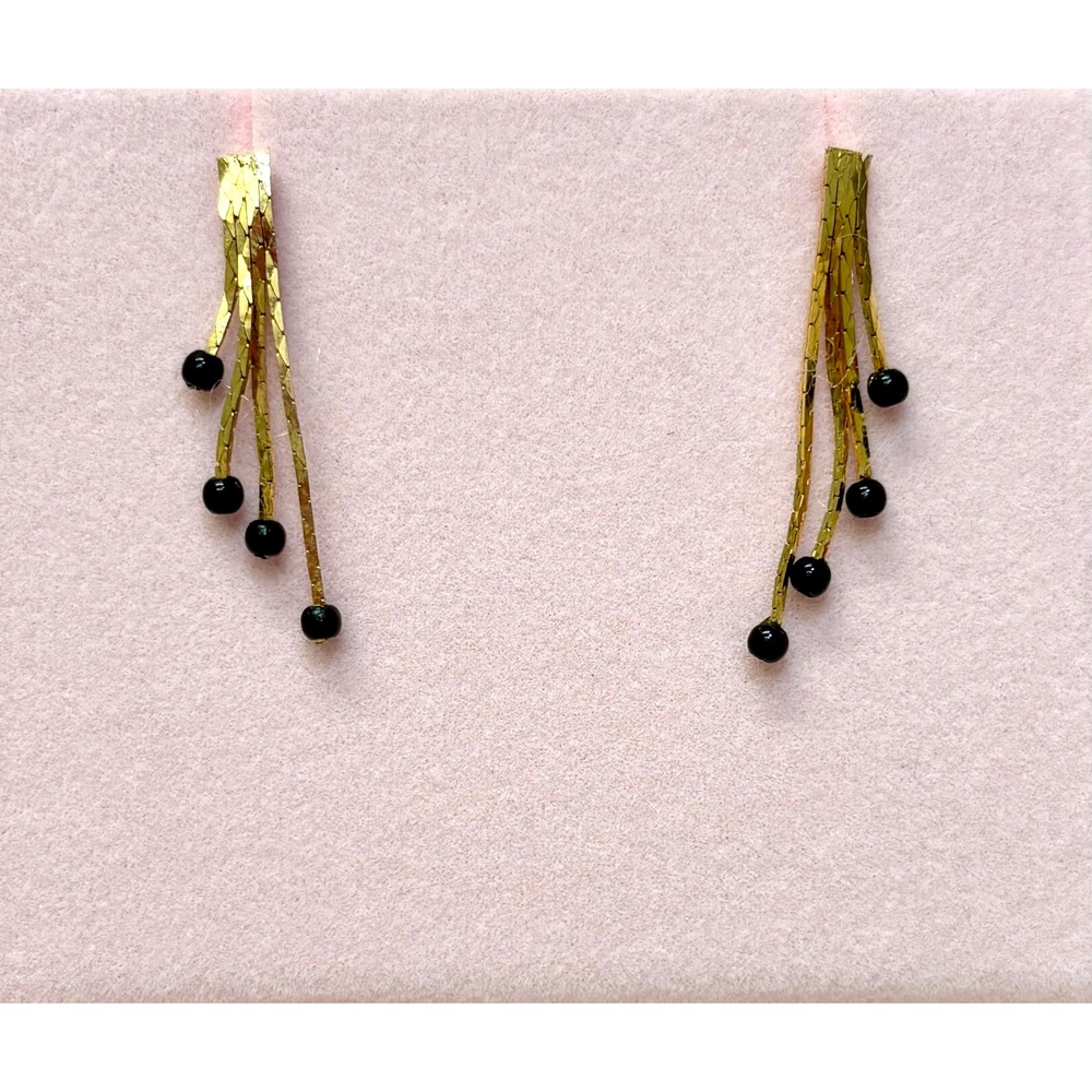 Vintage 10kt Gold Plated Black Bead Waterfall Fringe Dangle Post Earrings